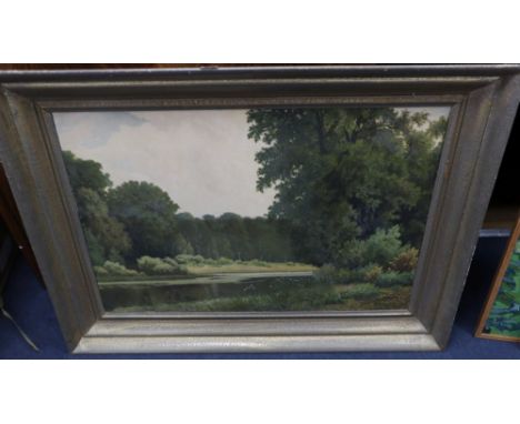 R. Wunderlich, oil on board, Wooded river landscape, signed and dated 1952, 55 x 78cm
