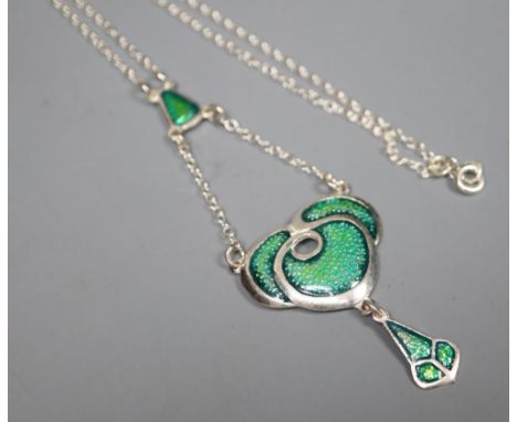 A modern Art Nouveau style sterling and enamel drop pendant necklace, overall 56cm.