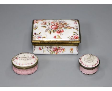 A Bilston enamel snuff box and two patch boxes