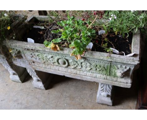 A reconstituted stone rectangular garden planter on trestle stand, length 92cm height 58cm