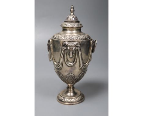 A George V silver vase and cover, with ram's head and swag decoration and two ring handles, William Hutton &amp; Sons, Sheffi