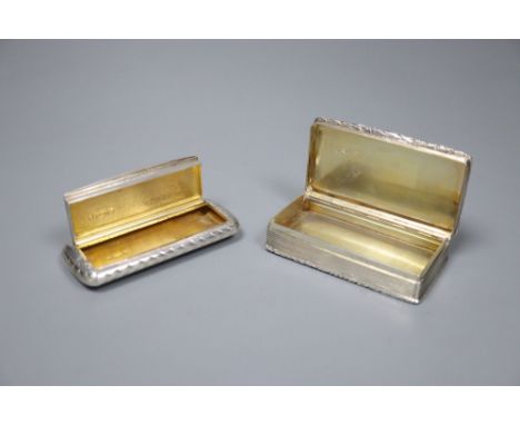 Two Victorian silver snuff boxes, one of shaped rectangular form with gilt interior, foliate-engraved to hinged top and initi