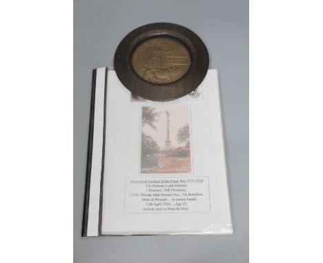 A WWI Death plaque for Private John Stewart Fox, 27544, 7th battalion, Durham Light Infantry, died of wounds 12 April 1918, f
