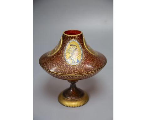 A Bohemian ruby glass vase painted with Persian vignettes, height 22cm