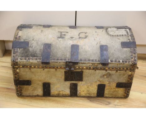 A 19th century pony hide covered studwork trunk