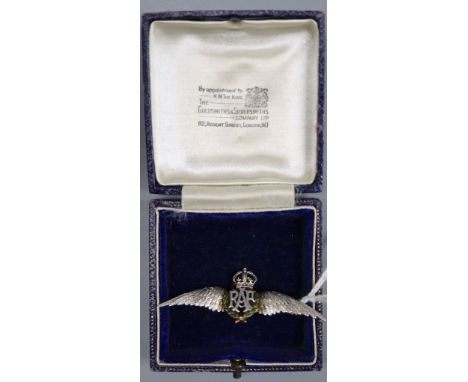A 1940's 14ct, plat. and enamel R.A.F. sweethearts brooch, inscribed,'To Annie From Charlie, May, 1941', 52mm, gross 6.8 gram