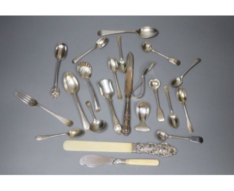 A silver-mounted and ivory page turner and a small collection of silver flatware, Georgian and later, including a Victorian s