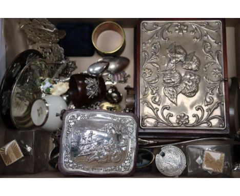 Mixed items including silver and enamel mounted glass scent bottles, silver buckle, costume jewellery, plated items etc.