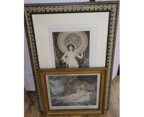 After F. Wheatley RA (1747-1801), Cupid Unveiling Venus, coloured engraving and another print, Campaspe after John William Go