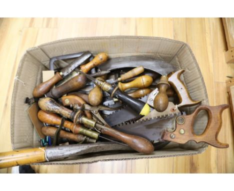 Assorted hand tools including saws, book binding tool etc