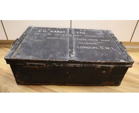 An RAF ensign flag, probably WWII and an Air Ministry metal trunk dated 1943