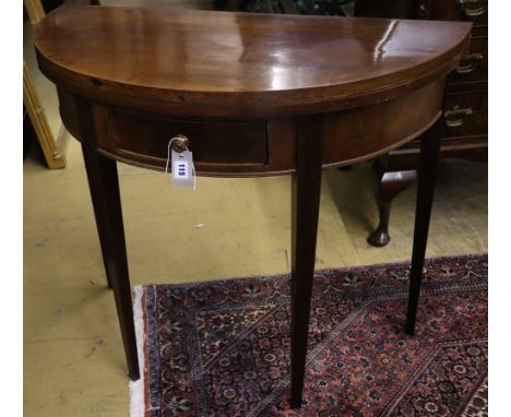 A George III style mahogany demi lune card table, width 86cm, depth 43cm, height 76cm