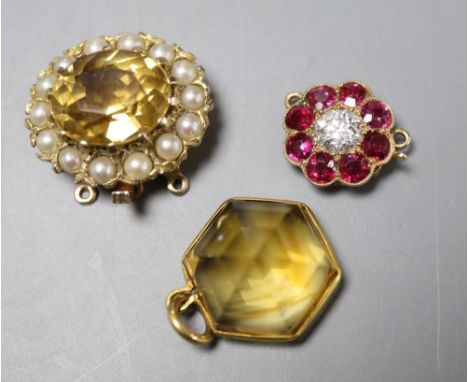 A yellow metal, ruby and diamond set flower head clasp, 12mm, a citrine and seed pearl set clasp and a citrine set pendant.CO