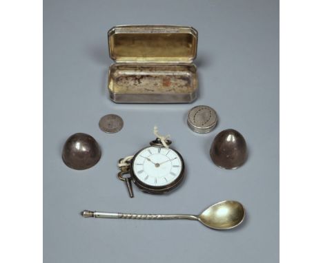 A French white metal snuff box, two other boxes including egg shaped, a Russian spoon, silver fob watch and a coin.