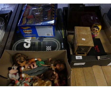 A mixed lot to include Scalextric Calabria boxed set, various assorted dolls, small Steiff rabbit and a Hot Wheels crash dumm