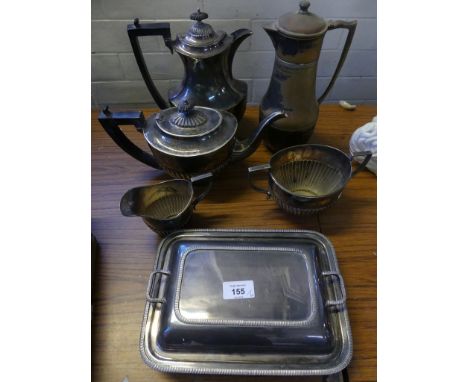 A four piece silver-plated tea service, together with a silver-plated entree dish and a vintage thermos flask (6) 