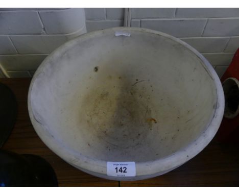 A large 19th Century ceramic mortar of circular form with a cast iron club shaped pestleMortar 36cm diameter, originally from