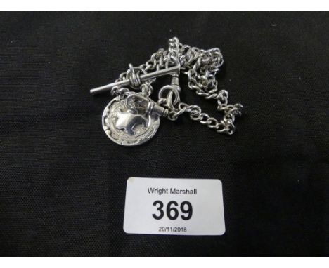 A silver Albert chainThe curb link chain with T-bar attachment and spring clasp, suspending a circular fob, weight approx. 36
