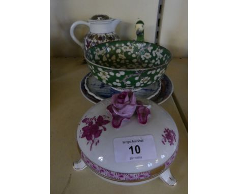 A mixed lot of ceramics comprising a Herend circular covered bowl, together with further Japanese ceramics, small Delft dish,