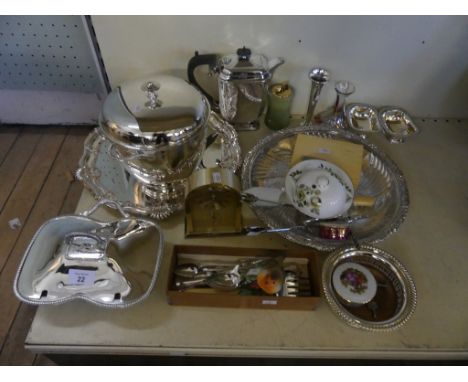 A mixed lot of silver-plated wares to include serving dishes, tray, ice bucket, cutlery, salts, together with various other s