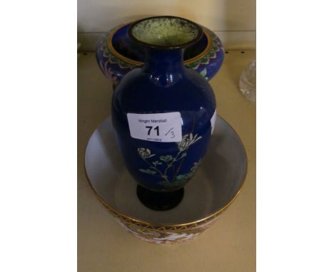 A mixed lot comprising a Cloisonne circular bowl and stand together with a further Cloisonne baluster vase and Crown Derby su