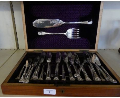 A cased canteen of silver-plated fish cutlery and accompanying servers 