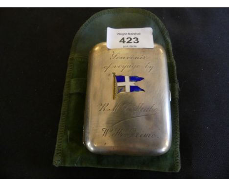 Shipping line interest - a silver cigarette case of hinged rectangular form, inscribed to the front 'Souvenir of Voyage by RM