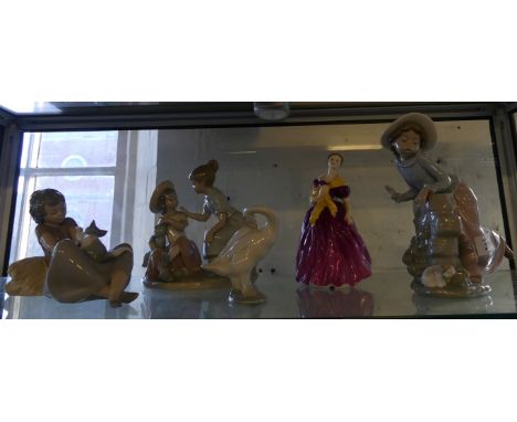 A mixed lot comprising Royal Doulton figurine 'Adrianne' together with three further Nao figures and a Lladro model goose 