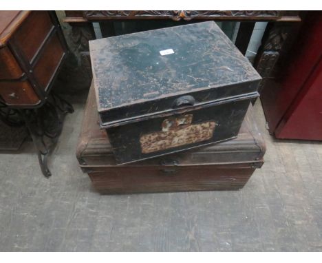 A vintage metal trunk and a further metal deed box (2) 