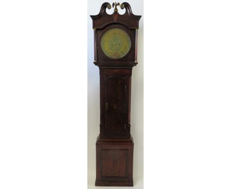 A George III longcase clock35cm diameter brass dial to a brass eight day movement, unsigned, inset into a oak and mahogany cr