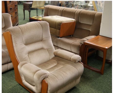 Vintage G-Plan three-seater sofa and two single chairs, plus stool