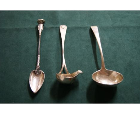 A Georgian hallmarked silver ladle, a continental silver lemon spoon and a brandy ladle (180mm, 170mm, 165mm 78g)