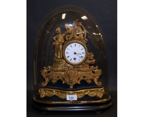 French gilt spelter-cased mantel clock with a circular enamelled dial together with gilt wood stand and glass dome and stand