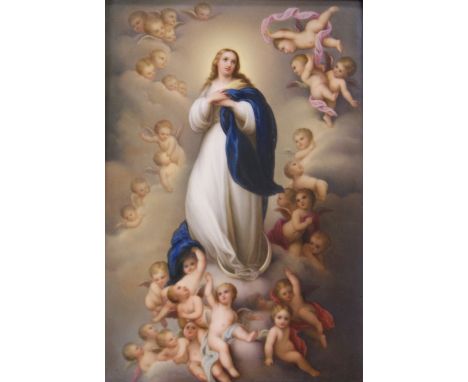 A 19th Century continental painted ceramic tile, ecclesiastical study of the Madonna with cherubs. Mounted and gilt-framed, a