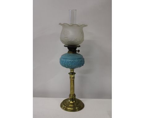 A large antique brass &amp; glass oil lamp h72cm 