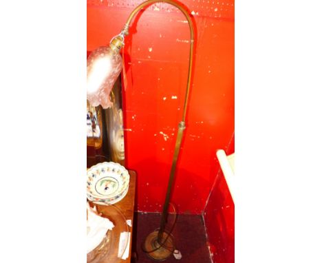 A Victorian brass adjustable floor standing lamp with frosted glass shade 