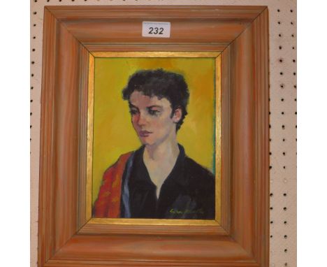 Gwen Mandley, an oil on board portrait of a lady with a yellow background, in a pine frame 