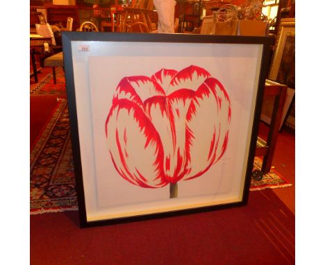 A large contemporary box framed print of a tulip in bloom, unsigned 70 x 65cm