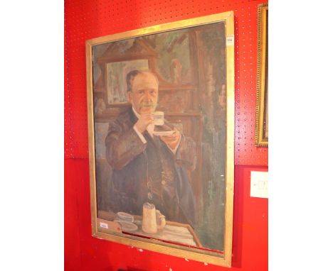 Robert Fowler, an oil on canvas portrait of an Edwardian gentleman drinking from a teacup, details to verso, previously sold 