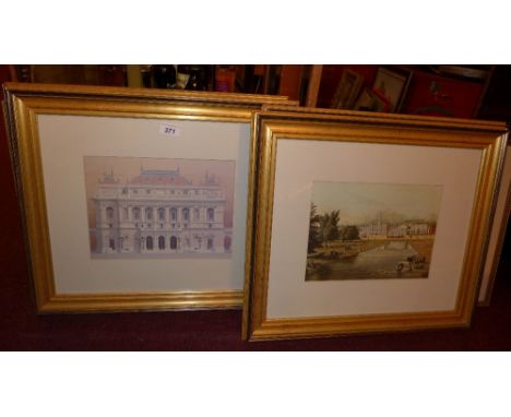A collection of glazed and framed prints including architectural studies