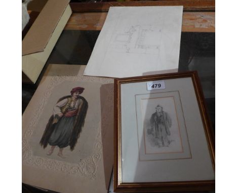 Daniel Maclise RA 'Sketch of an Irishman' together with (follower of Joseph Nash) 'Interior Study'  and (attributed to Willia