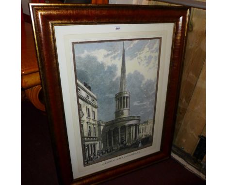 A large framed and glazed print of All Souls Church, Langham Place