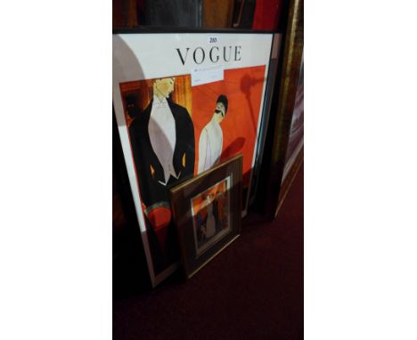 A pair of prints of 1920's Vogue prints, published in 1970, in black frames, with a Carlos Bady print