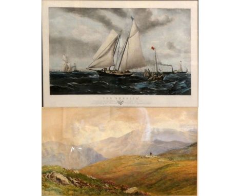 After Brierly, a print of The America, after winning the cup in 1851, 46 x 65 cm and a mountain scene, unsigned, watercolour,
