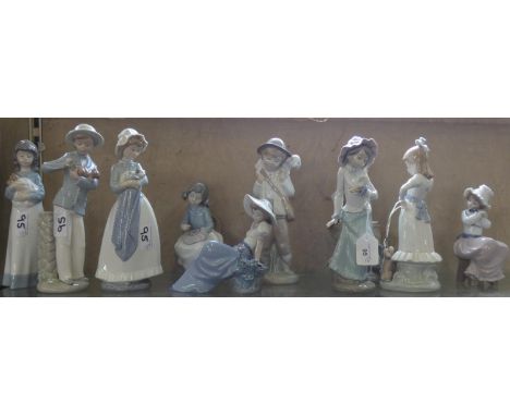 A collection of ten ceramic Nao and Lladro figurines, tallest 26cm (10). 