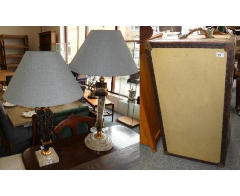 Two modern table lamps with matching shades, together with an early travelling trunk (3) 