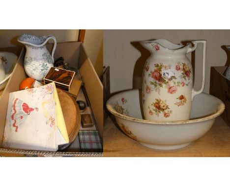 A Victorian jug and basin set, a Victorian foot stool and other items. 