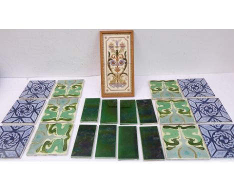 A selection of early 20th century Art Nouveau and other ceramic tiles:12 tiles,8 half-tiles and 2 tiles mounted in a wooden f