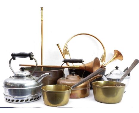 An interesting selection of metalware: 2 copper kettles (one stamped Linaglow, the other chromed and stamped Mawston); a chro