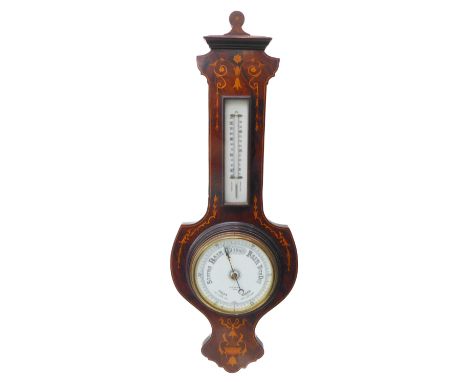 A late 19th century rosewood and marquetry wall-hanging barometer: the pediment with flowerheads and husks above a thermomete